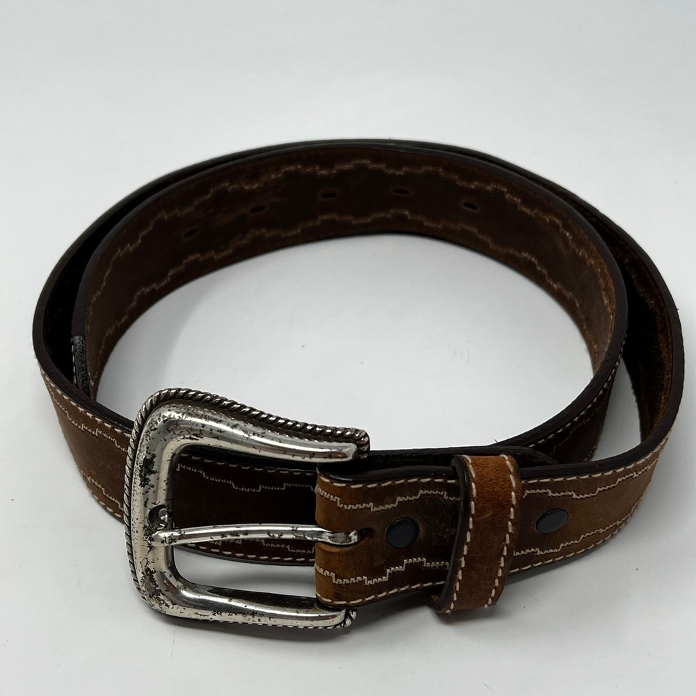 Tony Lama Brown Leather Western Belt Silver Buckle Women's Size 32 1459L - Picture 4 of 6